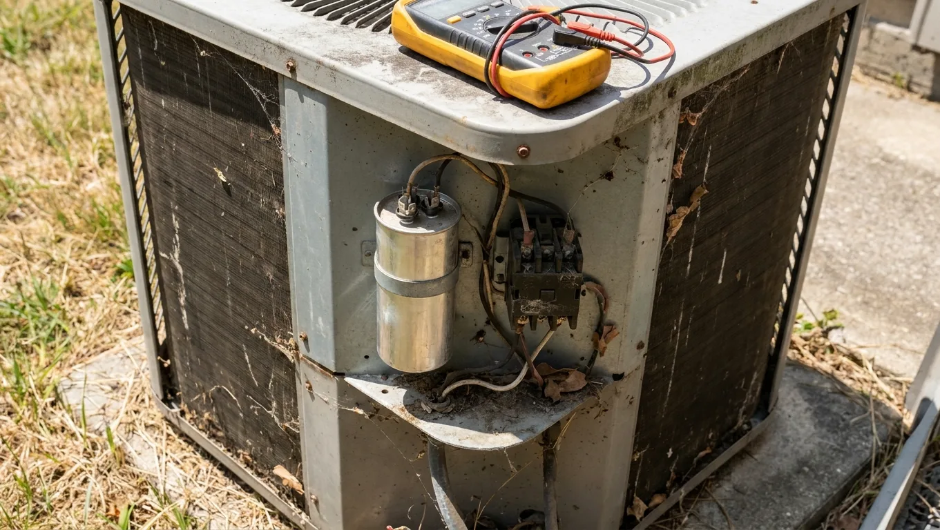 An open condenser electrical panel