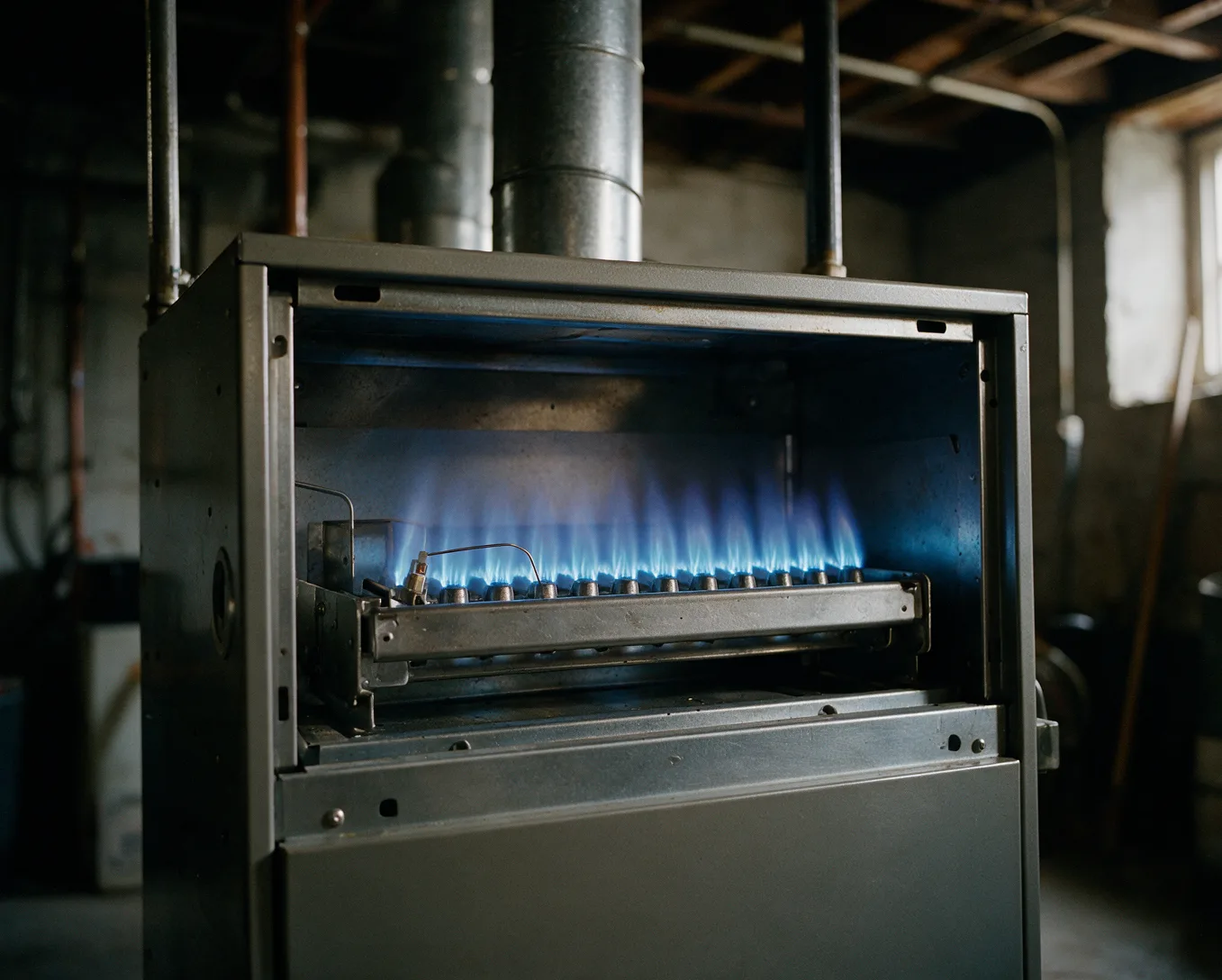 Furnace burners behind an open panel