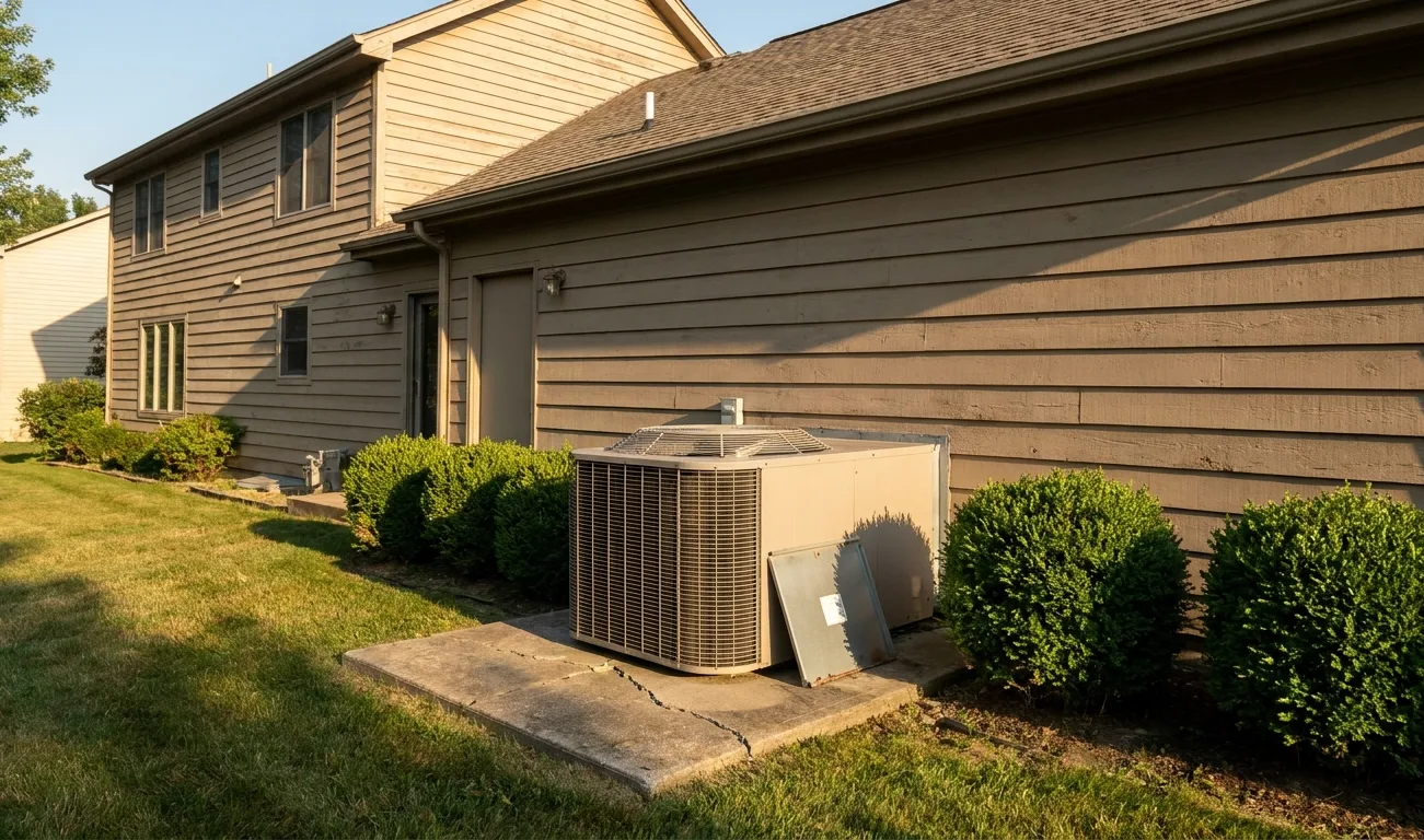 A condenser beside a suburban home